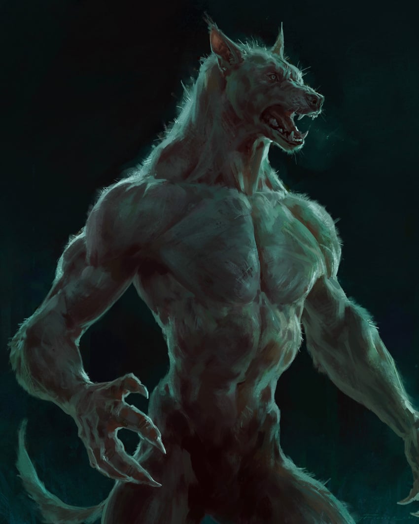 2021 4:5 5_fingers absurd_res animal_genitalia anthro balls canid canine canis claws digital_media_(artwork) fingers fur genitals hi_res male mammal muscular muscular_anthro muscular_male navel nude open_mouth pecs sharp_teeth sheath simple_background solo standing taran_fiddler teeth tongue were werecanid werecanine werewolf wolf