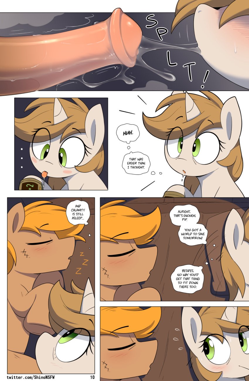 2021 after_sex animal_genitalia animal_penis bethesda_softworks bodily_fluids calamity_(fallout_equestria) close-up comic duo english_text equid equine equine_penis fallout fallout_equestria fan_character female feral forced furry genitals hasbro hi_res horn littlepip male male/female mammal my_little_pony page_10 pegasus penis rape saliva saliva_on_penis saliva_string shinodage sleep_molestation sleeping sweat text thought_bubble twitter_username unicorn url video_games wings