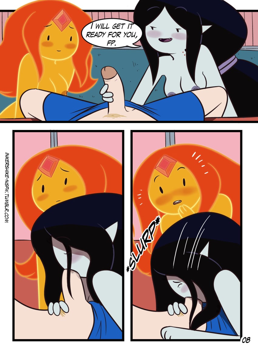 1boy 2girls adventure_time age_difference black_hair blowjob blush cartoon_network comic deepthroat drpizzaboi1 english_text fellatio finn_the_human flame_princess grey_skin handjob inkershike long_hair marceline mature_female mature_woman older_female orange_hair orange_skin page_8 page_number pale_skin penis straight_hair text threesome vampire watching younger_female younger_male