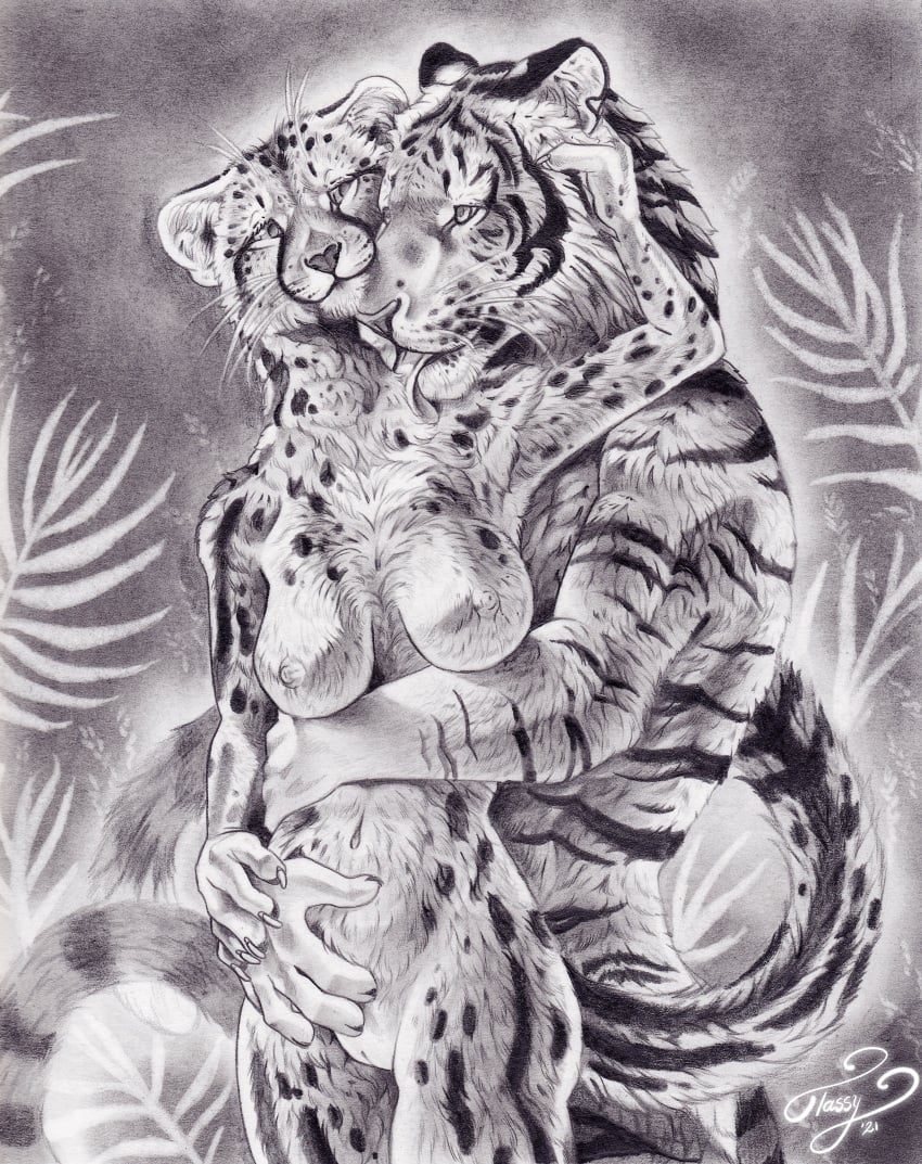 absurd_res big_(disambiguation) bigcat cheetah domestic_cat embrace felid feline felis genitals graphite hi_res hug huge_filesize king king_cheetah mammal nude pantherine pussy royalty tassy tassy_(artist) tiger traditional_media_(artwork)