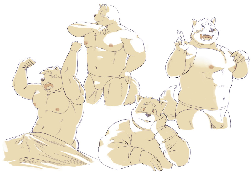 2021 anthro bulge canid canine canis closed_eyes clothing domestic_dog erection hi_res humanoid_hands kemono male mammal morning_wood musclegut nipples simple_background solo sv_grart underwear white_background