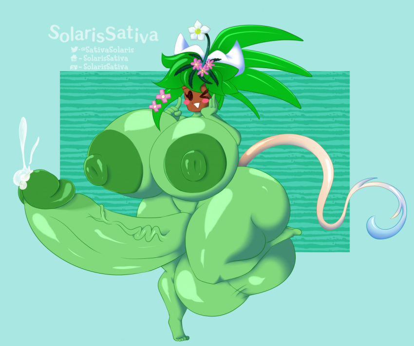 2021 anthro areola ass balls big_balls big_breasts big_butt big_penis blaster_master bodily_fluids breasts cellulite cum digital_media_(artwork) elemental_creature elemental_humanoid erection flora_fauna futanari genital_fluids genitals green_areola green_body green_nipples green_penis gynomorph hair happy huge_balls huge_breasts huge_butt huge_cock huge_thighs humanoid humanoid_genitalia humanoid_penis hyper hyper_balls hyper_breasts hyper_genitalia hyper_penis intersex kanna_(blaster_master) leaf leaf_hair long_tail looking_at_viewer mob_face nipples nude one_eye_closed open_mouth open_smile penis plant plant_hair plant_humanoid plantie ponytail pseudo_hair puffy_nipples raised_leg shaded smile solarissativa solo standing thick_thighs toony video_games wink