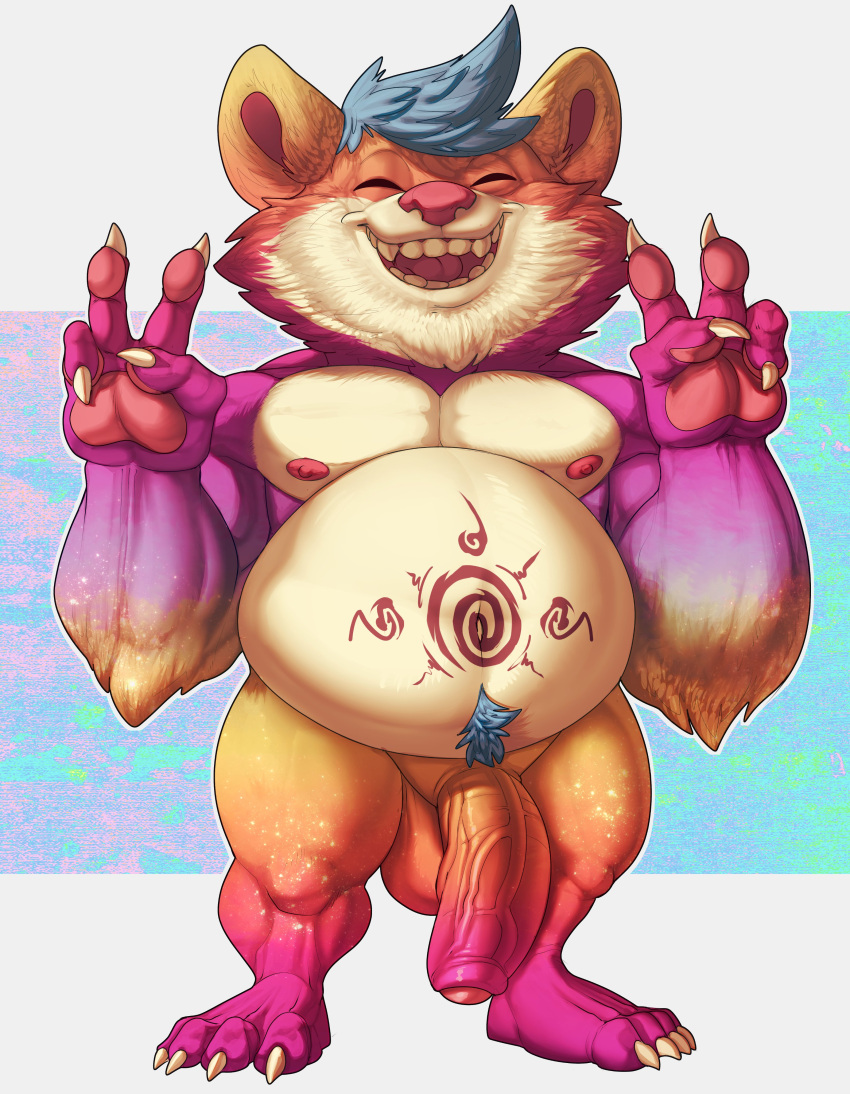 2021 4_fingers 4_toes absurd_res alternate_version_at_source anthro arm_tuft balls belly belly_tattoo big_belly big_biceps big_calves big_muscles big_nose big_pecs big_quads blue_background blue_pseudo_hair blue_pubes bristol brown_face canid canine cheek_tuft chin_tuft chubby_anthro chubby_male claws closed_eyes colored digital_drawing_(artwork) digital_media_(artwork) ear_tuft elbow_tufts facial_tuft feet fingers flaccid fluffy front_view full-length_portrait genitals glans gradient_arms gradient_body gradient_face gradient_legs gradient_penis happy hi_res humanoid_genitalia humanoid_hands humanoid_penis male male_anthro mammal multicolored_face multicolored_legs multicolored_penis muscular muscular_anthro muscular_male navel nude_anthro nude_male open_mouth open_smile orange_balls orange_face orange_legs orange_penis pawpads pecs penis pink_eyes pink_glans pink_inner_ear pink_mouth pink_nose pink_pawpads pink_penis pink_tongue plantigrade portrait pseudo_hair purple_arms purple_background purple_face purple_feet purple_hands purple_legs purple_neck purple_penis purple_toes raccoon_dog red_tattoo shaded simple_background smile smiling_at_viewer solo standing tan_belly tan_chest tan_ears tan_face tan_penis tanuki tattoo teal_background toes tongue tuft two_tone_arms vein veiny_penis white_background white_claws yellow_arms yellow_legs