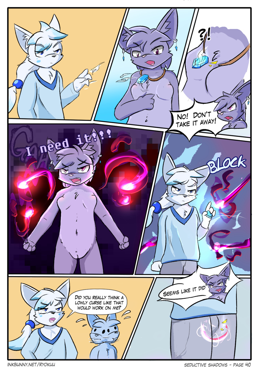 anthro blue_body blue_fur clothed clothing comic comic_page conditional_dnp corruption english_text felid feline female fur genitals group hi_res inkbunny_username magic magic_user male mammal nude page_40 page_number purple_body purple_fur pussy ryoku ryoku_(character) text url vaatari