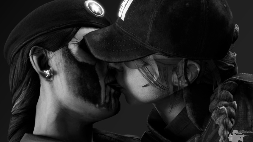 2girls 3d ash_(rainbow_six) black_and_white braid bravo44 bravo44_(artist) brazilian brazilian_female cap caveira_(rainbow_six) earrings face_paint female hat hi_res kissing lesbian rainbow_six rainbow_six_siege rookie425 source_filmmaker sunglasses tinted_eyewear yuri