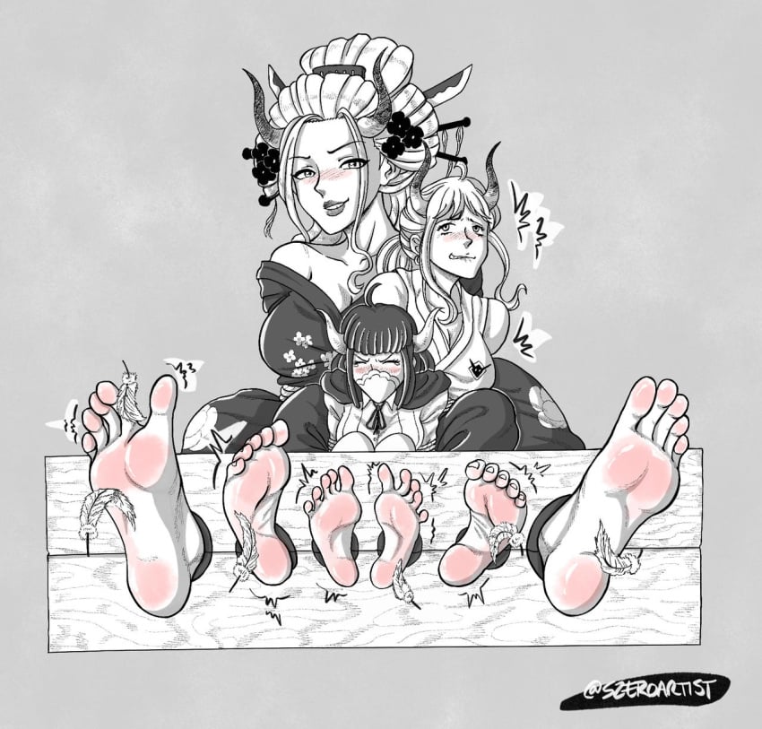 3girls black_and_white black_maria female female_only foot_fetish foot_focus giantess horns one_piece soles szeroart tickle_torture tickling tickling_feet ulti_(one_piece) yamato_(one_piece)