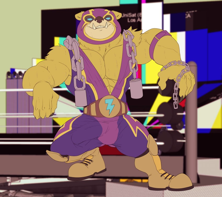 2021 4_fingers absurd_res alternate_color alternate_costume anthro arm_tuft balls_outline belly belt big_bulge blue_eyes bodily_fluids boots bristol brown_arms brown_belly brown_body brown_boots brown_chest brown_claws brown_clothing brown_ears brown_face brown_fingers brown_footwear brown_fur brown_hands brown_nose bulge claws clothed_anthro clothed_male clothing colored detailed_background digital_drawing_(artwork) digital_media_(artwork) ear_tuft el_rayo_volibear fighting_ring fingers flat_colors footwear front_view full-length_portrait fur genital_outline hi_res humanoid_hands inside league_of_legends lightning_bolt male male_only mammal mask multicolored_clothing muscular muscular_anthro muscular_male no_pupils no_sclera open_mouth open_smile portrait purple_clothing purple_mask riot_games smile smiling_at_viewer solo_male sports_mask sportswear standing sweat sweaty_arms sweaty_chest sweaty_face tan_face tuft two_tone_clothing two_tone_face two_tone_mask ursid video_games volibear wrestling_mask wrestling_outfit wrestling_singlet yellow_clothing yellow_mask