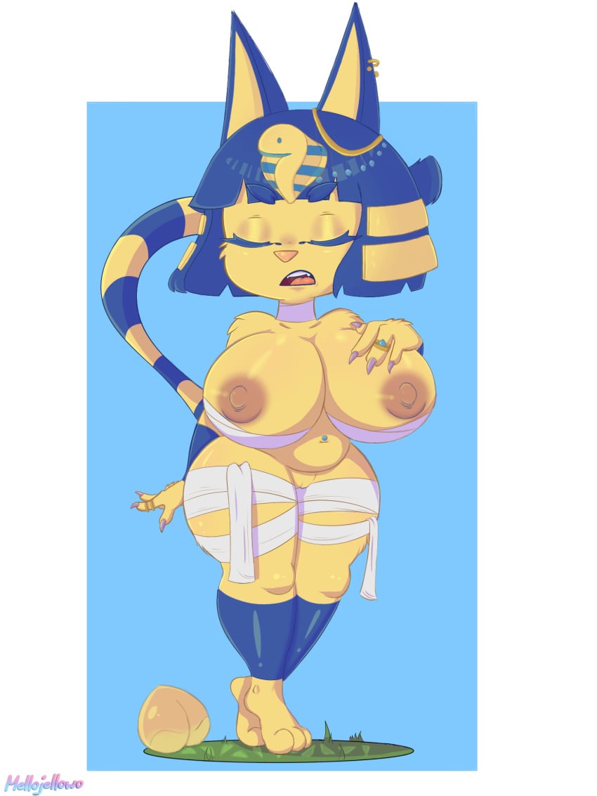 3:4 animal_crossing ankha ankha_(animal_crossing) anthro belly big_areola big_breasts big_nipples breasts brown_areola brown_nipples cleavage closed_eyes dark_areola dark_nipples domestic_cat fangs felid feline felis female food fruit genitals hand_on_breast hi_res huge_breasts jewelry mammal mellojellowo mostly_nude navel navel_piercing nintendo peach_(fruit) piercing plant pussy simple_background slightly_chubby solo thick_thighs video_games