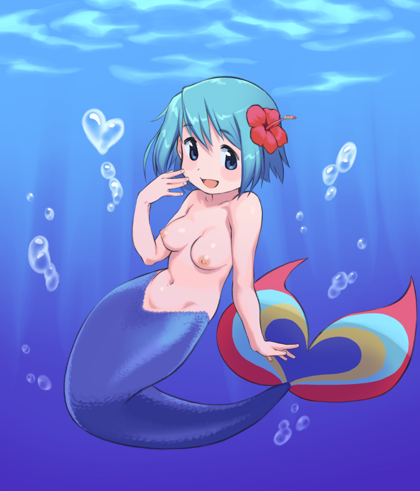 1girls air_bubble blue_eyes blue_hair blue_tail breasts bubble cute female female_only flower gloamy hair_flower hair_ornament heart highres mahou_shoujo_madoka_magica medium_breasts mermaid miki_sayaka monster_girl monsterification nipples nude png short_hair smile solo topless underwater water