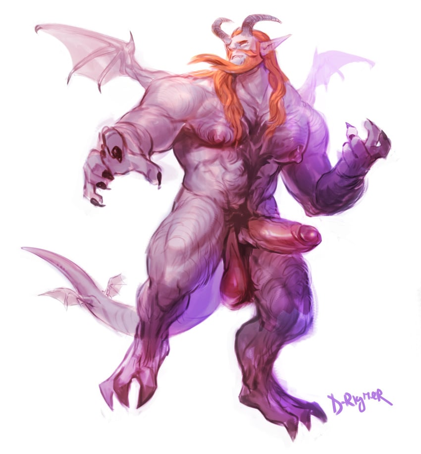 absurd_res balls big_penis claws demon genitals hair hi_res horn humanoid long_hair male male_only membrane_(anatomy) membranous_wings muscular nipples penis rigmerd solo solo_male wings