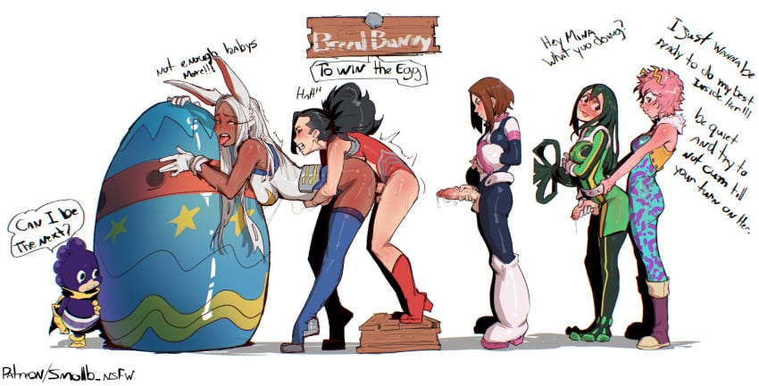 1boy 1girls 4futas animal_ears black_hair bodysuit boku_no_hero_academia boots breasts brown_hair clothed_sex commentary dark-skinned_female dark_skin easter easter_egg egg english_commentary english_text futa_on_female futanari highres interracial large_penis leotard light-skinned_futa medium_breasts mina_ashido minoru_mineta miruko momo_yaoyorozu my_hero_academia ochako_uraraka penis rabbit_ears rumi_usagiyama sex sex_from_behind simple_background smollb_nsfw speech_bubble standing standing_sex thigh_boots tongue tongue_out tsuyu_asui waiting_for_sex waiting_for_turn white_background white_hair