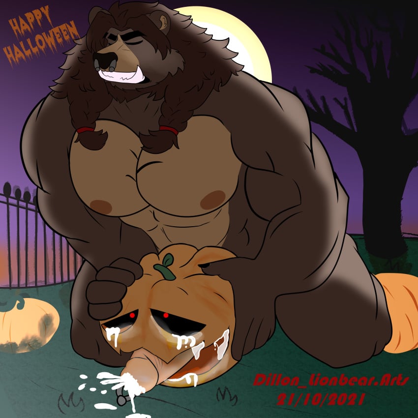 1:1 absurd_res anthro bear biceps bodily_fluids cum cum_in_pumpkin detailed_background digital_media_(artwork) dillon_lionbear.arts dillon_saenz english english_text erection felid food food_fetish food_play fruit fucking_pumpkin fur genital_fluids genitals halloween hi_res holidays humanoid_genitalia humanoid_penis hybrid jack-n'-lantern jack-o'-lantern lion male mammal muscular muscular_anthro muscular_male nipples pantherine paws pecs penetration penis plant pumpkin sex smile solo ursid