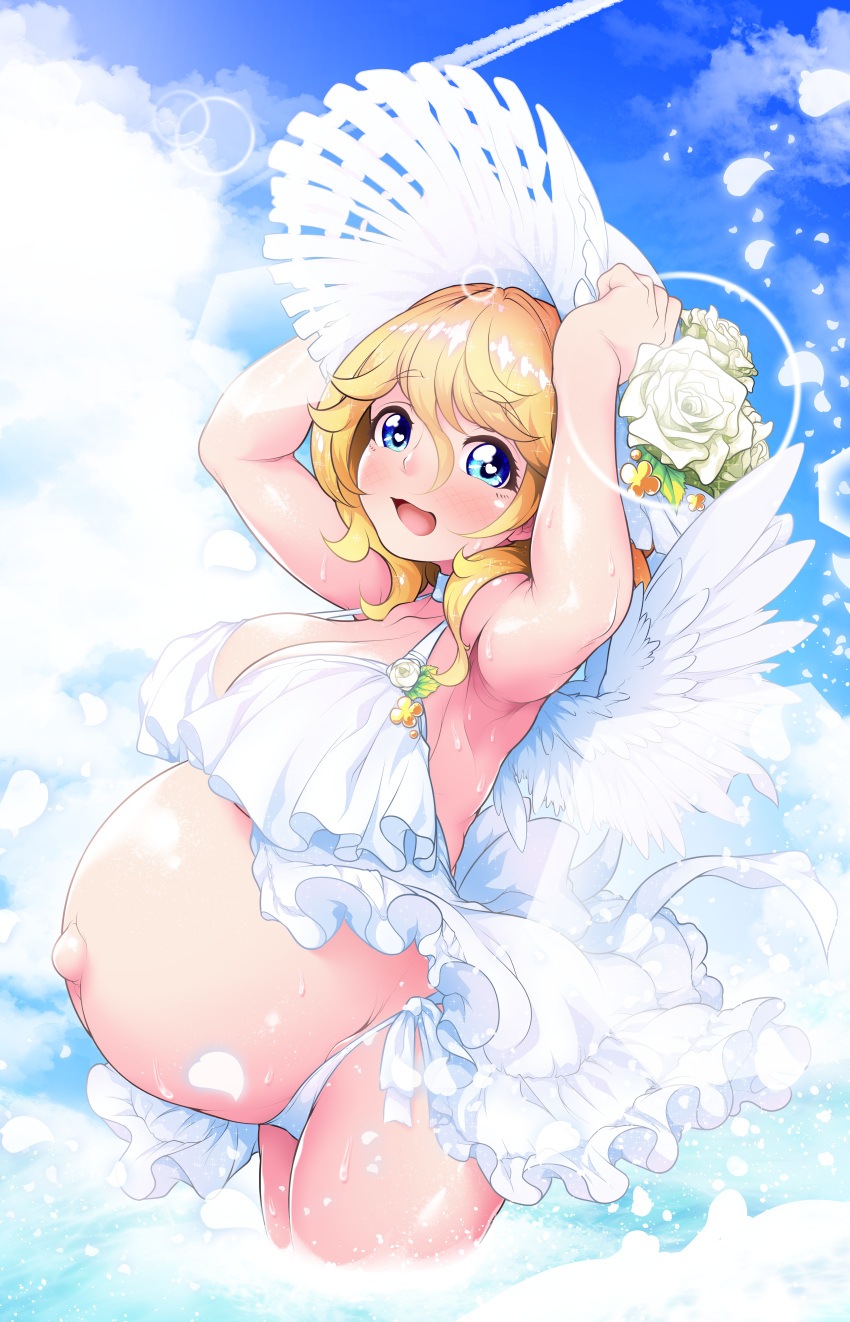 armpits arms_behind_head big_breasts blonde_hair blue_eyes blush cleavage clouds cloudscape curly_hair dress feathered_wings female female_only frilled_dress frills looking_at_viewer monster_strike mukakinzero nightingale_(monster_strike) open_mouth panties pregnant ready_to_pop side-tie_panties smile solo sun_hat sweat wet white_panties wings