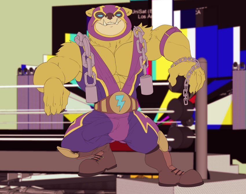 2021 4_fingers absurd_res alternate_color alternate_costume anthro balls_outline belly belt big_bulge blue_eyes boots bristol brown_arms brown_belly brown_body brown_boots brown_chest brown_claws brown_clothing brown_ears brown_face brown_fingers brown_footwear brown_fur brown_hands brown_nose bulge claws clothed_anthro clothed_male clothing colored detailed_background digital_drawing_(artwork) digital_media_(artwork) ear_tuft el_rayo_volibear fighting_ring fingers flat_colors footwear front_view full-length_portrait fur genital_outline hi_res humanoid_hands inside league_of_legends lightning_bolt male male_only mammal mask multicolored_clothing muscular muscular_anthro muscular_male no_pupils no_sclera open_mouth open_smile penis_outline portrait purple_clothing purple_mask riot_games smile smiling_at_viewer solo_male sports_mask sportswear standing tan_face tuft two_tone_clothing two_tone_face two_tone_mask ursid video_games volibear wrestling_mask wrestling_outfit wrestling_singlet yellow_clothing yellow_mask