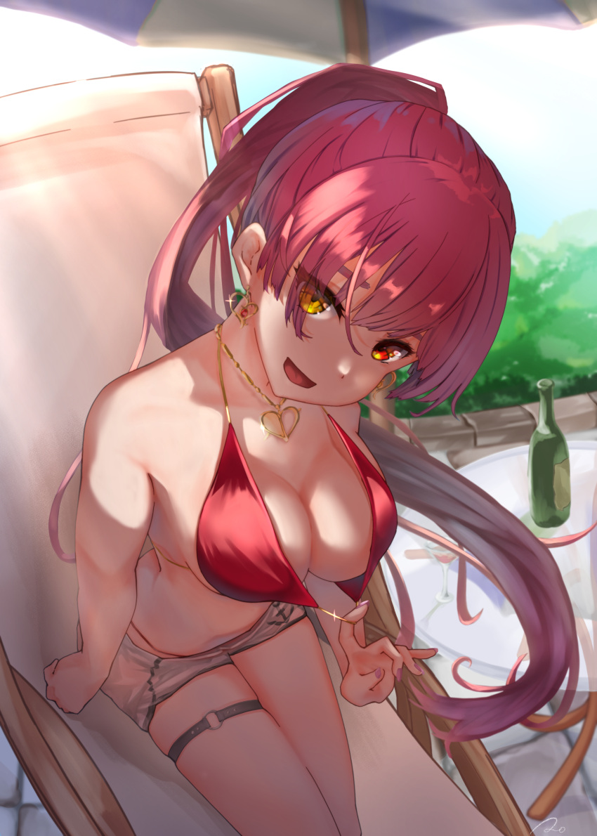 :d absurdres beach_chair beach_umbrella bikini bikini_pull bikini_under_clothes breasts cleavage clothes_pull dolphin_shorts earrings female halter_top halterneck heart heart_earrings heart_necklace heterochromia high_ponytail highres hololive hololive_fantasy hololive_japan houshou_marine jewelry leaning_forward long_hair looking_at_viewer medium_breasts nail_polish o-ring o-ring_legwear oa_(or_12o) open_mouth pink_nails pulled_by_self red_bikini red_eyes red_hair shade short_shorts shorts sitting smile solo string_bikini summer swimsuit thigh_strap umbrella very_long_hair virtual_youtuber white_shorts yellow_eyes