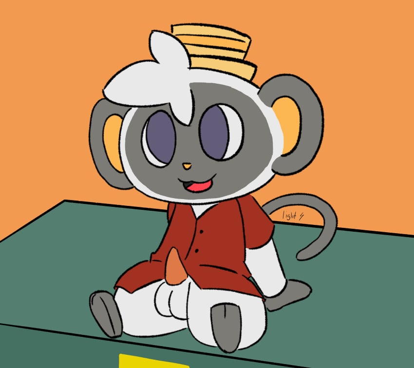 absurd_res animal_crossing anthro balls bottomless clothed clothing erection genitals haplorhine hi_res lemur lightningb0lt01 male male_only mammal monkey niko_(animal_crossing) nintendo open_mouth primate simple_background sitting sitting_on_table solo strepsirrhine video_games