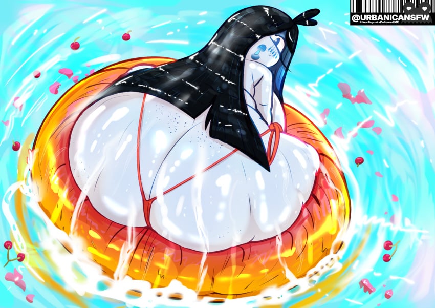 1girl artist_signature ass_focus big_ass black_hair blush cherry fat_ass female from_behind huge_ass inflatable_ring long_hair looking_back micro_bikini original original_character pale_skin petals pool_float ramone_(roockrt) red_thong roockrt simple_background solo splash thick_thighs thong urbanica water white_skin wide_hips