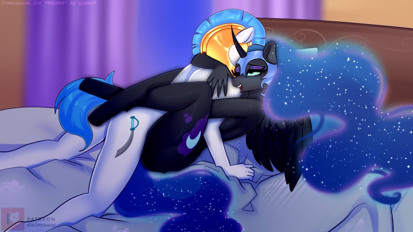 1080p 16:9 alicorn anthro anthrofied armor bed blue_eyes blue_hair crossed_legs cutie_mark dark_persona duo embrace equid equine ethereal_hair ethereal_mane ethereal_tail eyeshadow female friendship_is_magic from_front_position furniture galea hair hasbro headgear helmet hi_res horn hug leg_hug lying makeup male male/female mammal missionary_position my_little_pony nightmare_moon_(mlp) on_back on_bed princess_luna_(mlp) pseudo_hair pseudo_mane purple_eyeshadow royal_guard_(mlp) sex widescreen wings xjenn9