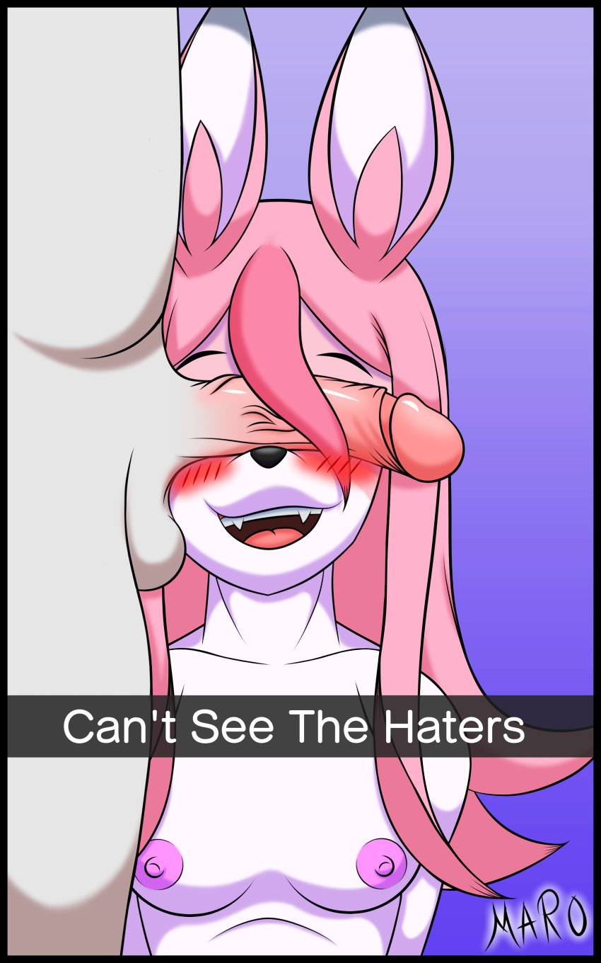 10:16 absurd_res anthro balls black_border blush border brand_new_animal breasts can't_see_the_haters canid canine cant_see_the_haters digital_media_(artwork) duo erection female fox fur genitals hair hi_res long_hair male male/female mammal marothedarkrabbit_(artist) meme nazuna_hiwatashi nipples nude penis penis_on_face pink_body pink_fur pink_hair simple_background smile studio_trigger text these_aren't_my_glasses tongue white_body white_fur