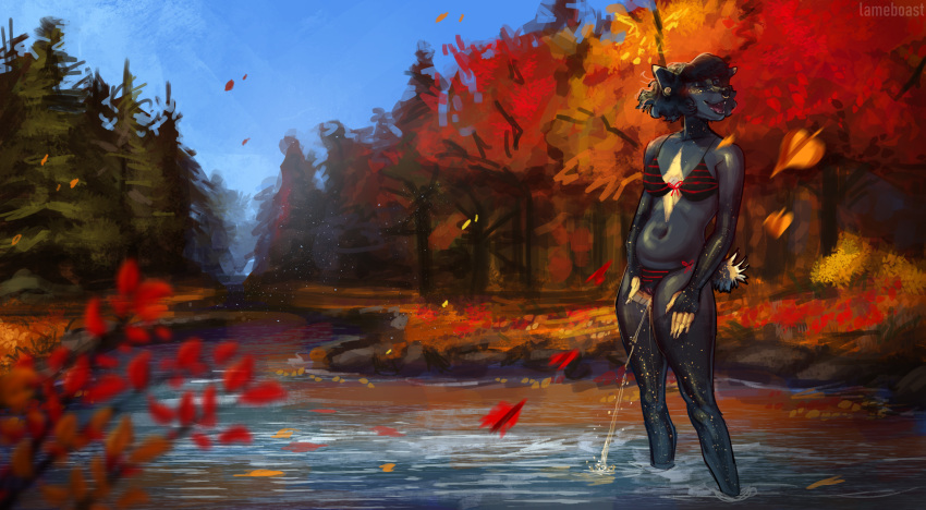 anthro autumn bikini bikini_aside black_body black_fur black_hair bodily_fluids canid canine canis closed_eyes clothing clothing_aside digital_media_(artwork) exhibitionism falling_leaves female fur genital_fluids genitals hair hi_res lake lameboast mammal navel open_mouth outside panties panties_aside peeing pussy river shaded solo strife_(lameboast) swimwear swimwear_aside underwear underwear_aside urine urine_stream watersports wolf