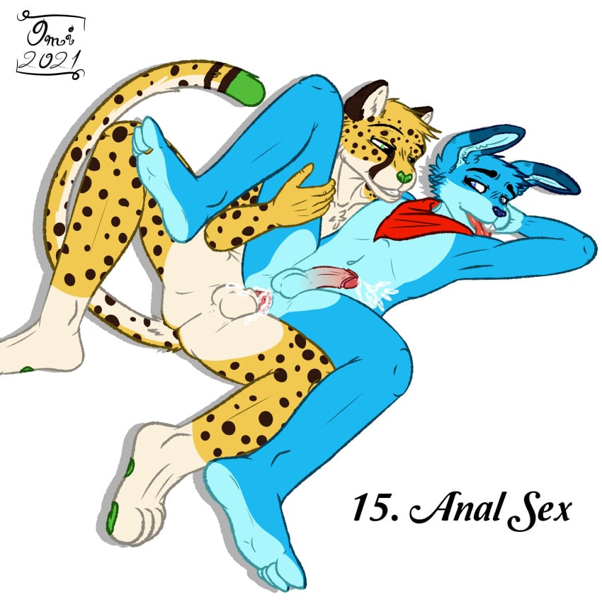 1:1 absurd_res anal anal_sex anthro ass balls blue_body blue_fur bodily_fluids cheetah cum cum_in_ass cum_inside cum_on_penis cum_while_penetrated cumshot digit_ring digital_media_(artwork) duo ejaculation erection felid feline fur genital_fluids genitals gustobunny hair hands-free hi_res humanoid_genitalia jewelry lagomorph leporid male male/male male_penetrated male_penetrating male_penetrating_male mammal nude omithefox open_mouth orgasm paws penetration penis rabbit ring sex simple_background smile spots text toe_ring tongue tongue_out white_body white_fur