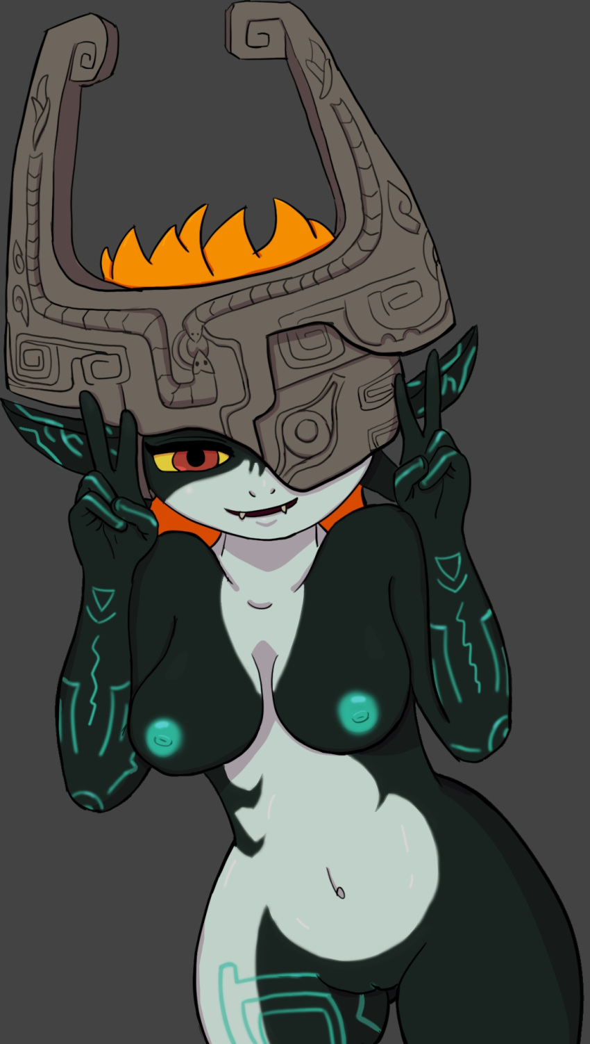 2020 big_breasts breasts cranihum double_v_sign fangs female genitals gesture grey_background hi_res humanoid humanoid_pointy_ears imp looking_at_viewer midna nintendo nude one_eye_obstructed pussy simple_background smile solo the_legend_of_zelda twili twilight_princess v_sign video_games