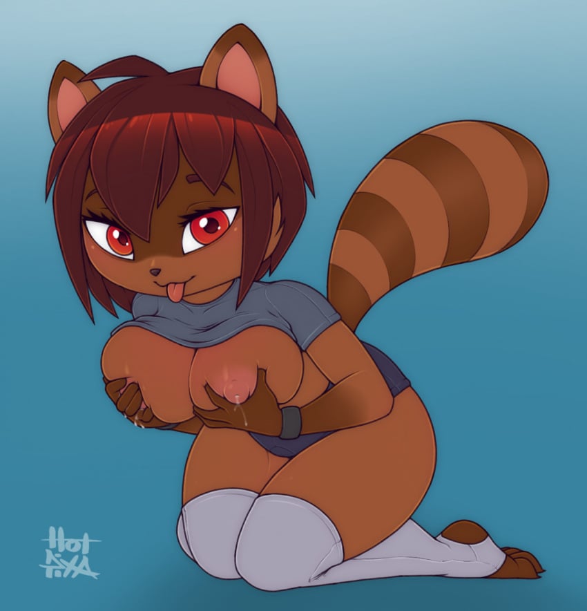 ailurid animal_humanoid anthro big_breasts bodily_fluids bottomwear bracelet breast_grab breast_squeeze breasts brown_body brown_fur brown_hair brown_skin canid canine clothed clothing fan_character female footwear fur hair half_naked hand_on_breast hi_res holding_breast hotpixa humanoid jewelry kneeling lactating lactation legwear long_tail looking_at_viewer mammal mammal_humanoid markings nipple_fetish nipple_pinch nipple_play nipples partially_clothed pinch procyonid procyonid_humanoid raccoon raccoon_dog raccoon_humanoid red_eyes red_hair red_panda short_ears short_hair shortstack solo striped_markings striped_tail stripes tail_markings tanuki tongue tongue_out topwear wet wide_hips