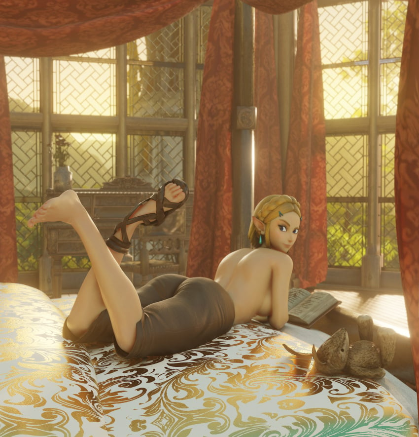 3d ass bashuvius bedroom cute feet foot_fetish foot_focus legs_crossed legs_up princess_zelda reading sandals sandals_removed tears_of_the_kingdom the_legend_of_zelda zelda_(tears_of_the_kingdom)