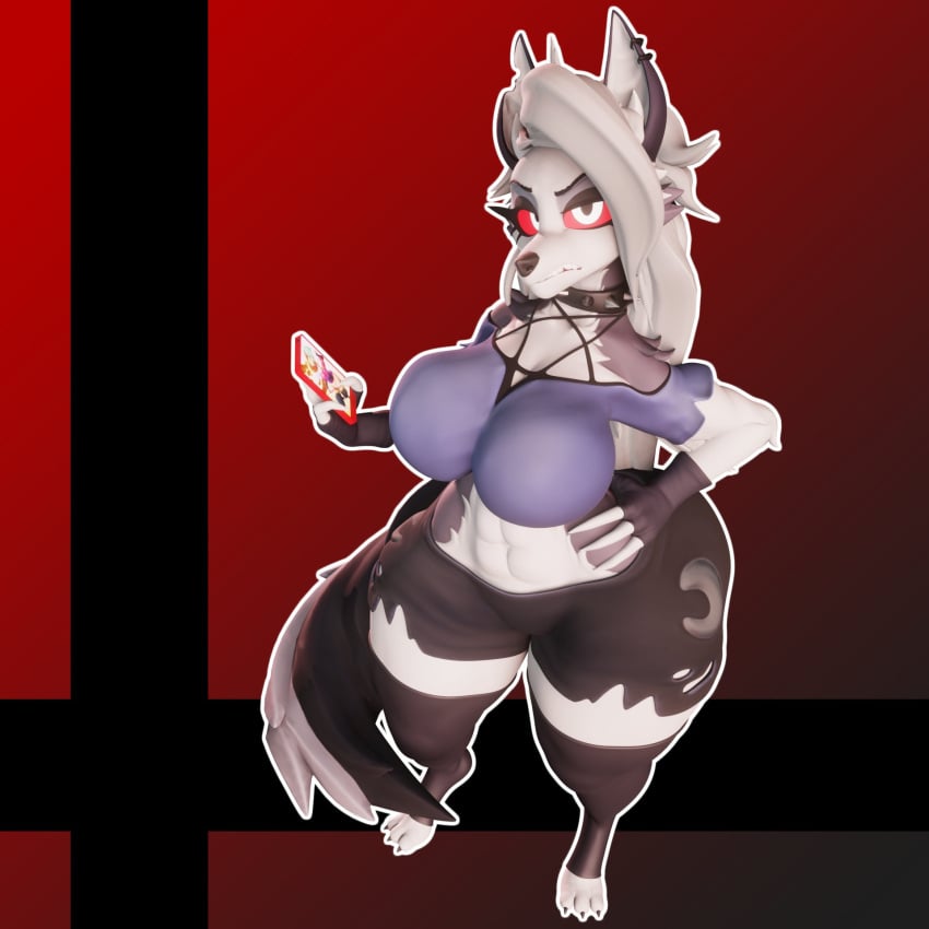 3_toes aeridiccore anthro big_ass big_breasts confusing_perspective countershade_face countershade_torso countershading ear_piercings female female_only fingerless_gloves grey_fur grey_tail hand_on_hip hellhound helluva_boss high-angle_shot holding_object holding_smartphone loona_(helluva_boss) madladdeluxe no_humans non-euclidean_border outline red_background red_sclera snout solo standing tail thick_thighs thighs white_eyes white_outline wolf wolf_girl wolf_tail