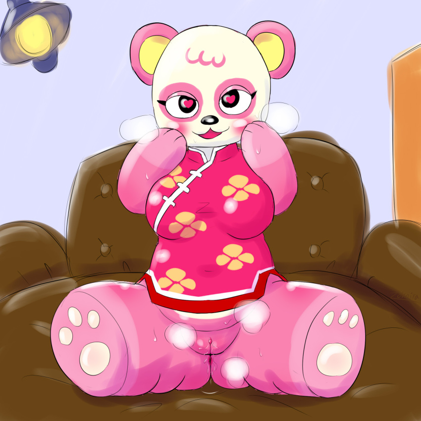 <3_eyes 1:1 animal_crossing anthro anus armchair blush bodily_fluids breasts chair chubby_female clothed clothing female furniture genital_fluids genitals giant_panda heart hi_res lamp mammal nintendo partially_clothed paws pink_body pink_clothing pinky_(animal_crossing) presenting presenting_pussy pussy pussy_juice slightly_chubby sofa solo thick_thighs ursid video_games zokoira