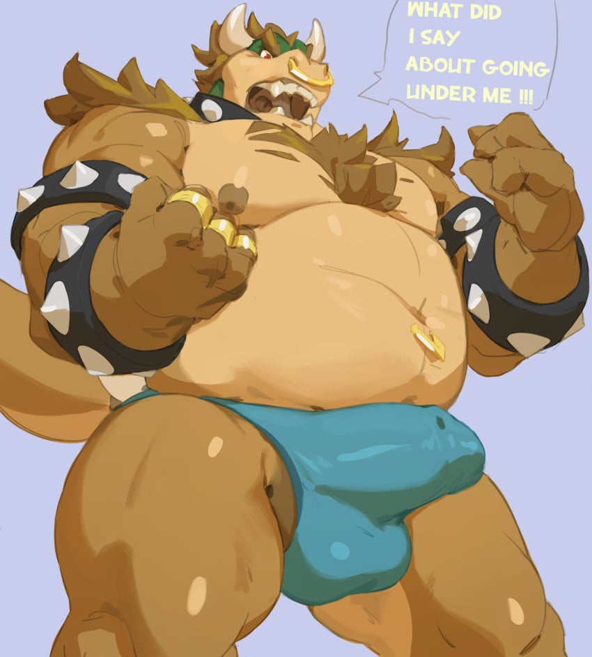 2021 absurd_res anthro armband balls_outline bara barazoku belly big_belly big_bulge big_muscles body_hair bowser bracelet bulge caught chest_hair clothed clothing collar dialogue english_text erection erection_under_clothing eyebrows facial_piercing genital_outline grey_background hair hairy hi_res horn jewelry koopa looking_at_viewer looking_down low-angle_view male male_only mario_(series) musclegut muscular muscular_anthro muscular_male navel navel_piercing navel_ring nintendo nipples nose_piercing nose_ring open_mouth pecs penis_outline piercing ring scalie simple_background solo spiked_armband spiked_bracelet spiked_collar spikes standing talking_to_viewer teeth text thick_thighs tongue tongue_out underwear video_games vincethetiger yelling