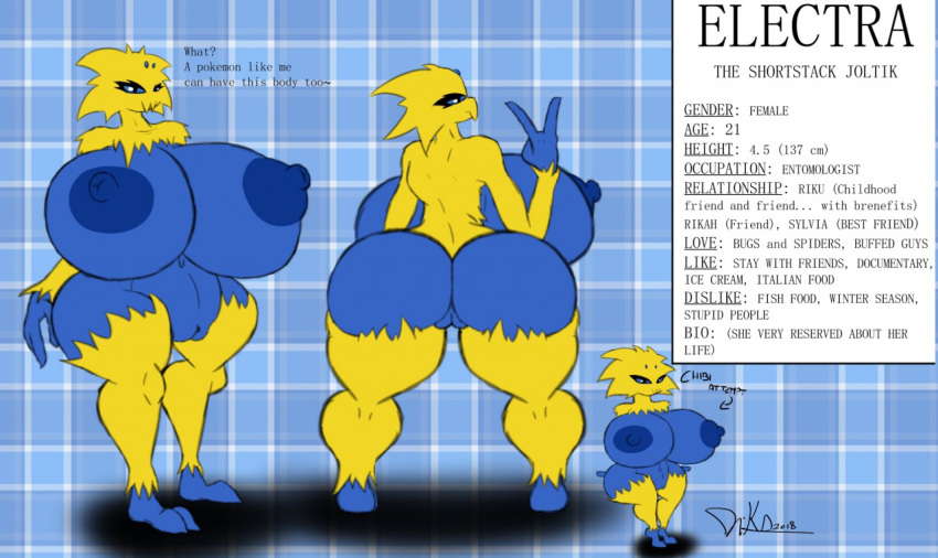 2018 anthro arachnid arthropod ass big_breasts big_butt blue_body breasts electra_the_shotstack_joltik english_text female fur genitals huge_breasts huge_butt hyper hyper_breasts joltik nintendo pokémon_(species) pokemon pussy riku9797 solo text video_games yellow_body yellow_fur