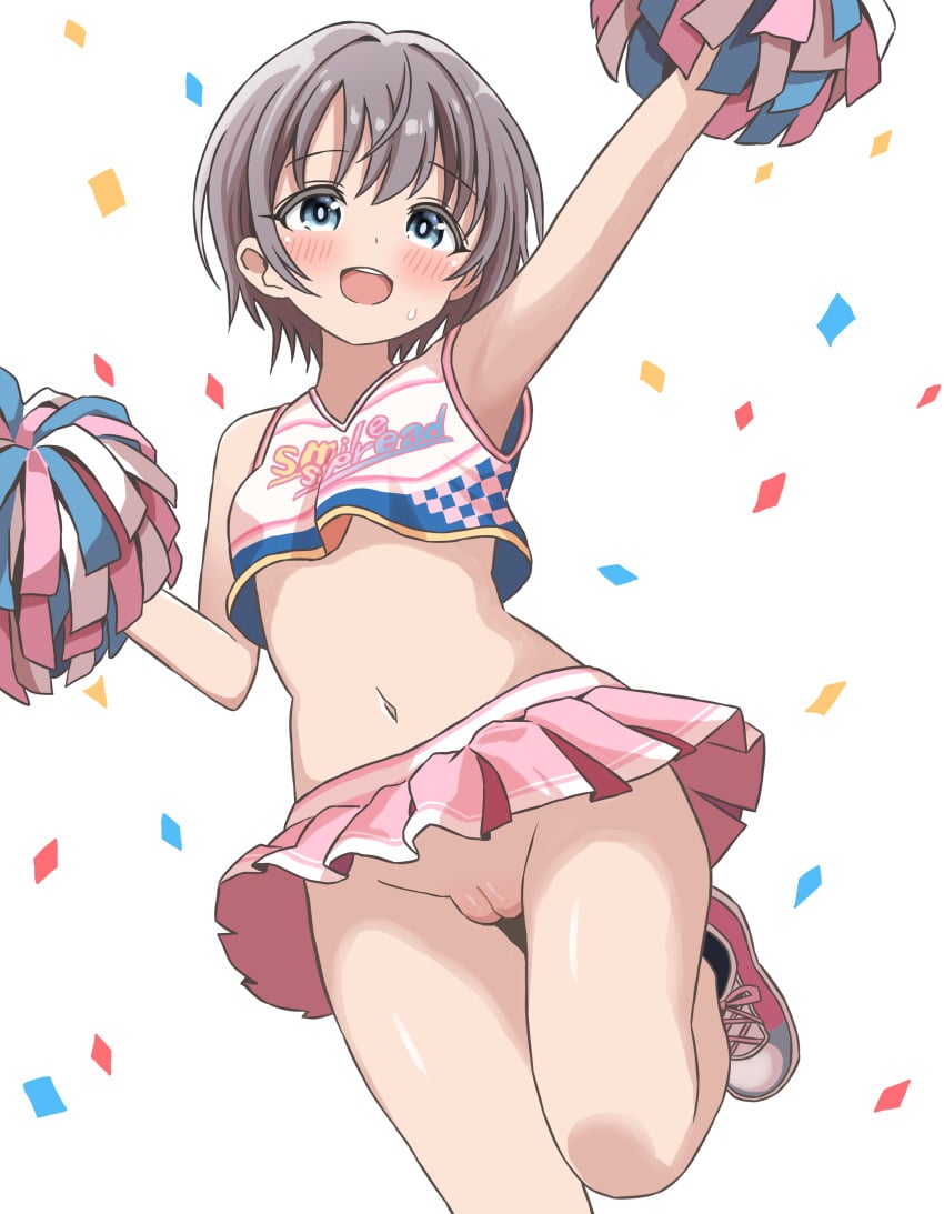 1girl absurdres ankle_socks armpits black_socks blue_eyes blush cheerleader commentary_request confetti crop_top foot_out_of_frame grey_hair hair_ears highres idolmaster idolmaster_cinderella_girls looking_at_viewer microskirt navel no_panties ohana._(komachi) open_mouth otokura_yuuki pink_shoes pink_skirt pleated_skirt pom_pom_(cheerleading) print_shirt pussy shirt shoes short_hair sidelocks simple_background skirt sleeveless sleeveless_shirt sneakers socks solo standing standing_on_one_leg stomach sweat teeth thigh_gap thighs uncensored upper_teeth_only white_background