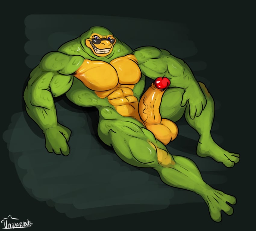 abs amphibian anthro balls battletoads biceps eyewear frog gay genitals green_body grin hi_res looking_at_viewer looking_over_eyewear looking_over_glasses looking_over_sunglasses male male_focus male_only muscular muscular_anthro muscular_male pecs penis rareware rash_(battletoads) smile solo sunglasses teeth toad uniparasite vein veiny_penis video_games