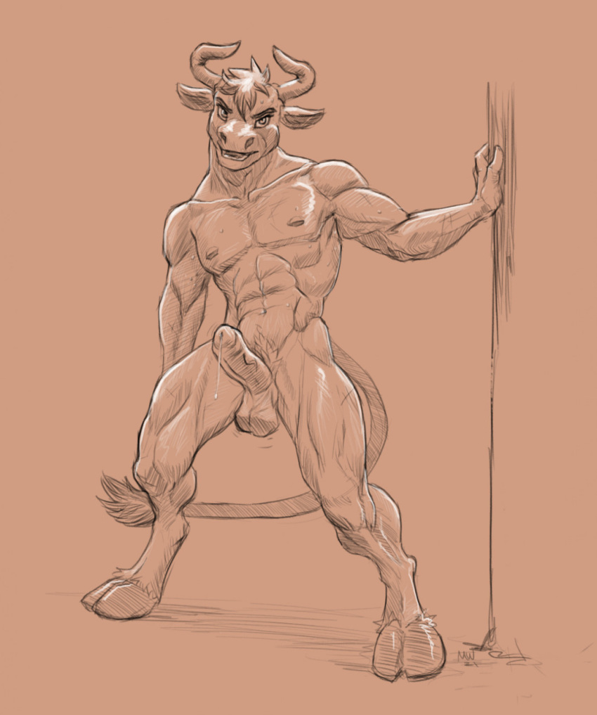 2021 abs anthro athletic athletic_anthro athletic_male balls bodily_fluids bovid bovine digital_media_(artwork) dripping erection european_mythology foreskin fur genital_fluids genitals greek_mythology hi_res hooves horn looking_at_viewer male male_only mammal marsonaut minotaur muscular muscular_anthro muscular_male mythology navel nipples nude pecs penis precum precum_drip pubes signature smile solo standing tail