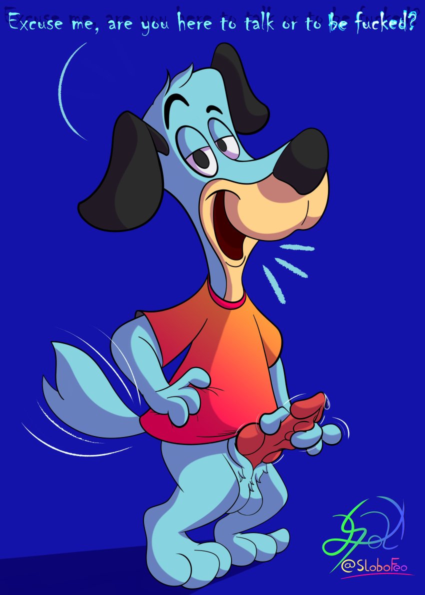 absurd_res anthro arousal bottomless bottomless_male canid canine canis clothed clothing dialogue domestic_dog english_text hanna-barbera hi_res horny_(disambiguation) huckleberry_hound knot lobofeo male mammal masturbation penile penile_masturbation profanity solo text the_huckleberry_hound_show