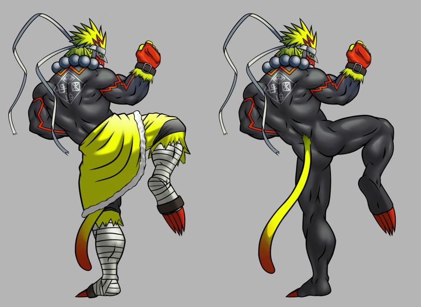 anthro ass back_muscles bandai_namco black_body blonde_hair boutmon clothing digimon dilgearwolfang gloves hair handwear hi_res male monkey_tail muscular muscular_anthro muscular_male nude solo