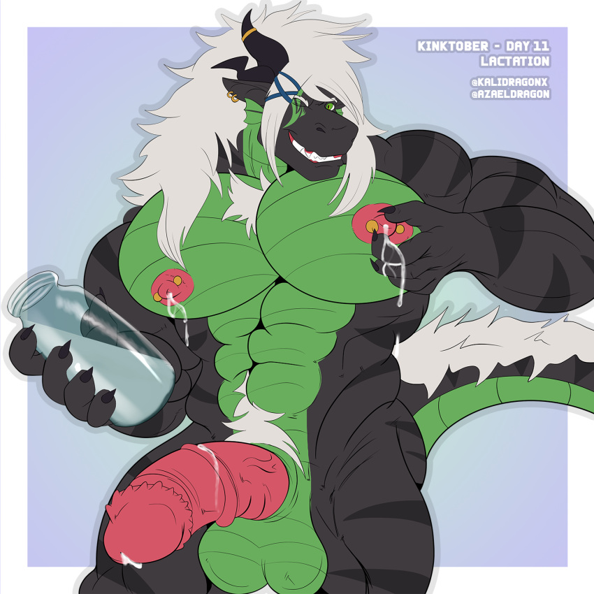 1:1 anthro azael_dragonfang azaeldragon balls big_balls big_pecs big_penis black_body black_scales bodily_fluids dragon ear_piercing genital_fluids genital_piercing genitals green_body green_scales hair hi_res horn kalidragon lactating long_penis male male_lactation milk muscular muscular_anthro muscular_male nipple_piercing nipples pecs penis piercing reptile scales scalie white_hair wingless_dragon