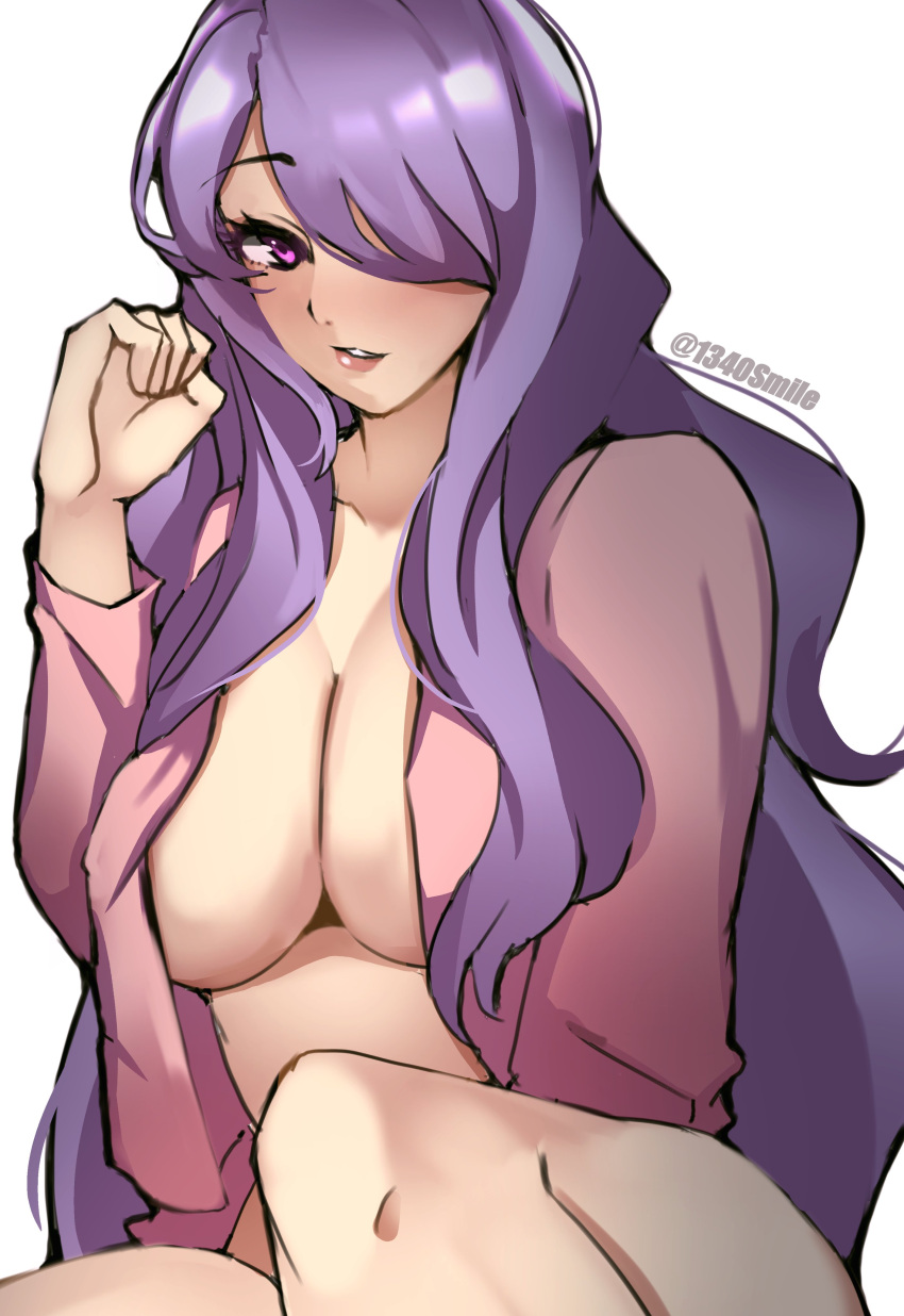 1340smile 1girls bare_thighs big_breasts breasts camilla_(fire_emblem) fire_emblem fire_emblem_fates hair_over_one_eye large_breasts long_hair looking_at_viewer naked_shirt nintendo open_shirt pink_shirt purple_eyes purple_hair shirt smile smiling_at_viewer thick_thighs thighs very_long_hair