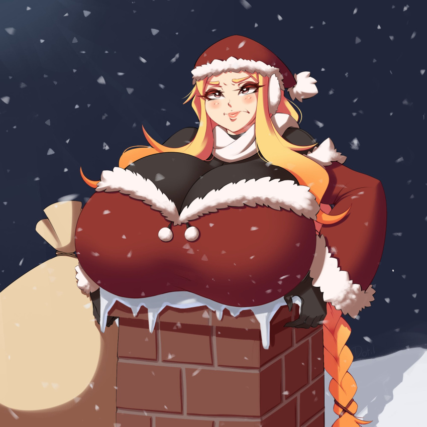 1girls arina_(dotil) big_breasts blonde_hair braided_hair braided_ponytail breasts busty christmas chubby chubby_female cleavage dotil female female_focus female_only huge_breasts large_breasts long_hair night night_sky santa_costume snowing stuck stuck_in_chimney venus_body voluptuous