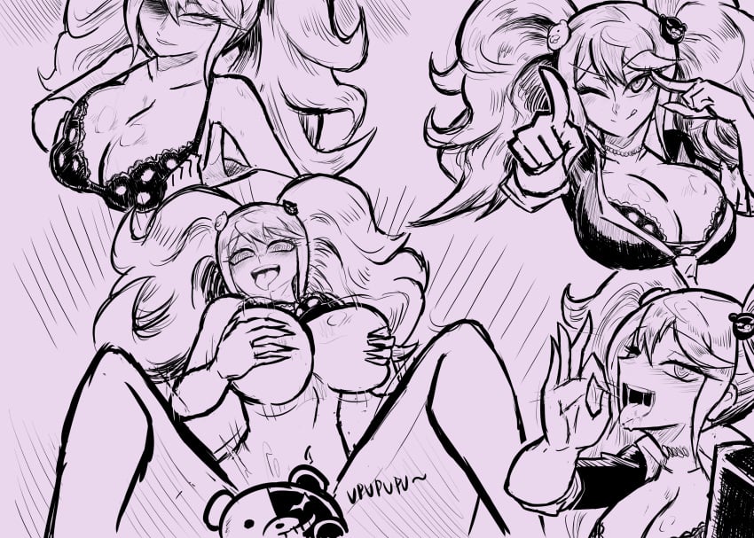 big_breasts bra breasts cowgirl_position danganronpa danganronpa:_trigger_happy_havoc junko_enoshima monokuma sketch sketch_page straight_hair suggestive vkid