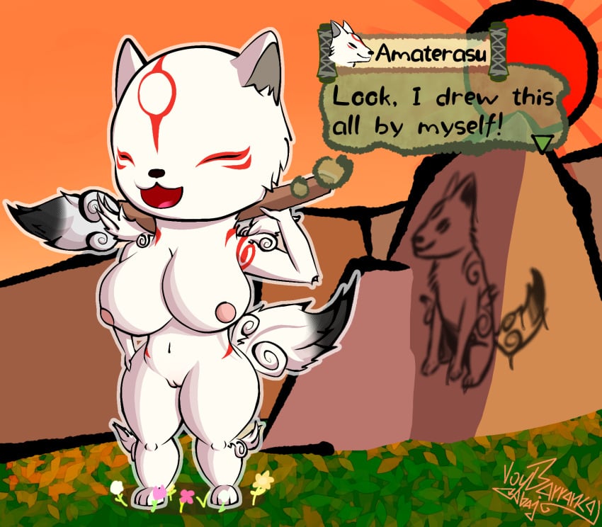 amaterasu anthro big_tail breasts brush canid canine canis capcom closed_eyes curvy_figure deity detailed_background dialogue english_text female female_focus fur furry genitals highres ink large_breasts mammal markings nipples nude okami open_mouth outline paintbrush pussy red_markings smile solo speech_bubble text thick_thighs tongue voy_barranca_abajo white_fur wide_hips wolf