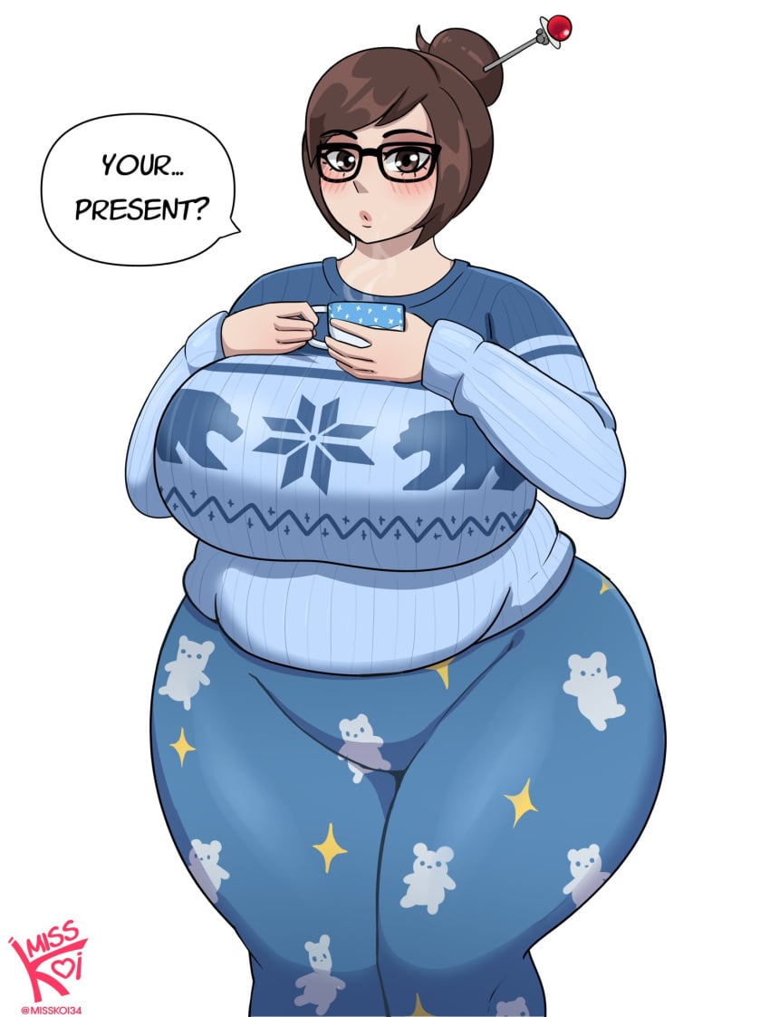 brown_eyes brown_hair chubby chubby_female comfy commission commissioner_upload glasses hair_ornament hair_pin hairpin hot_chocolate mei_(overwatch) misskoi overwatch overwatch_2 pajama_pants pajamas sweater winter_clothes