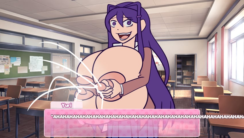 1girls alternate_breast_size big_ass big_breasts bottomwear breasts_bigger_than_head doki_doki_literature_club female female_only giant_breasts huge_breasts hyper_breasts lactation lactation long_hair looking_at_viewer massive_breasts text text_box topless whiteyounglink2 yandere yuri_(doki_doki_literature_club)