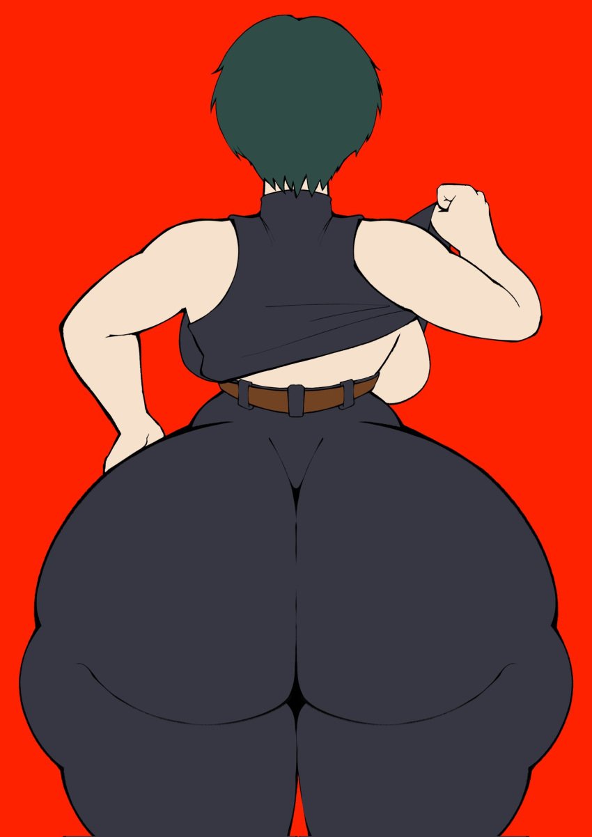 1girls ass ass_bigger_than_body ass_bigger_than_head ass_bigger_than_torso ass_focus black_pants bubble_butt colored_background dumptruck_ass dumptruck_butt enormous_ass fat_ass female female_only gigantic_ass green_hair huge_ass huge_butt jujutsu_kaisen large_ass massive_ass massive_butt pale-skinned_female pale_skin penpen_(artist) scars scars_on_arm shiny_clothes short_hair sideboob sleeveless_shirt steaming_body steamy thick_thighs white_belt zenin_maki