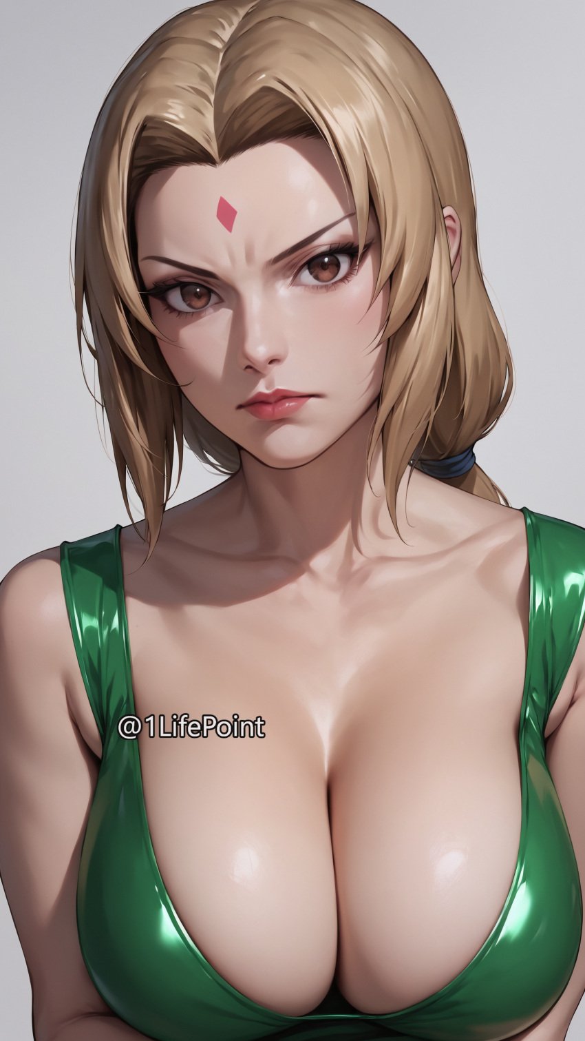 1lifepoint ai_generated annoyed blonde_hair brown_eyes cleavage dress highres huge_breasts latex looking_at_viewer mature_female milf naruto naruto_(series) plain_background tsunade