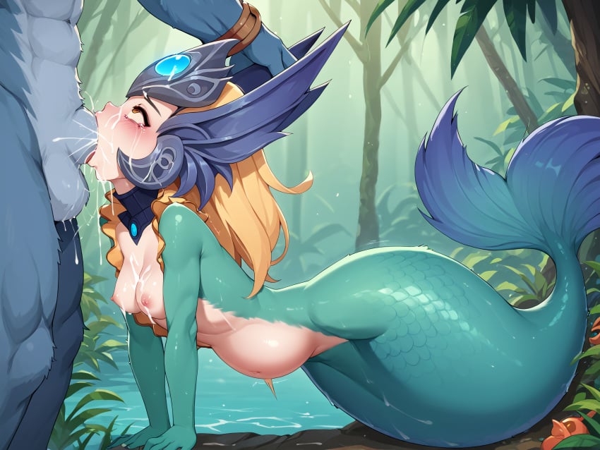 ai_generated breasts cum cum_on_breasts cum_on_face female league_of_legends lustdrone male mermaid mermaid_tail nami_(league_of_legends) rape tears warwick