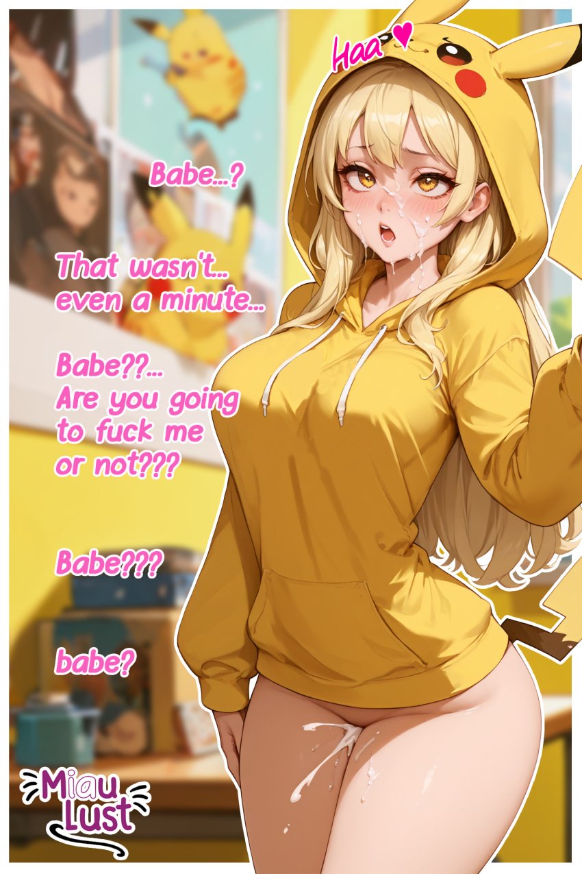 ai_generated blonde_hair comic comic_page cosplay cosplay_pikachu cosplay_pikachu_(costume) miaulust pikachu pikachu_(cosplay) pikachu_ears pokeball pokegirl pokegirl_as_pokemon pokemon pokemon_(species) rule34 yellow_hair