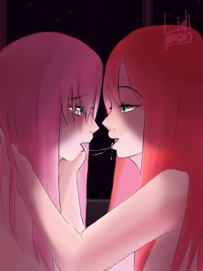 blue_eyes bocchi_the_rock! gotou_hitori green_eyes kissing kita_ikuyo lesbian lesbian_kiss lesbian_sex lidipon pink_hair red_hair saliva saliva_trail tagme yuri