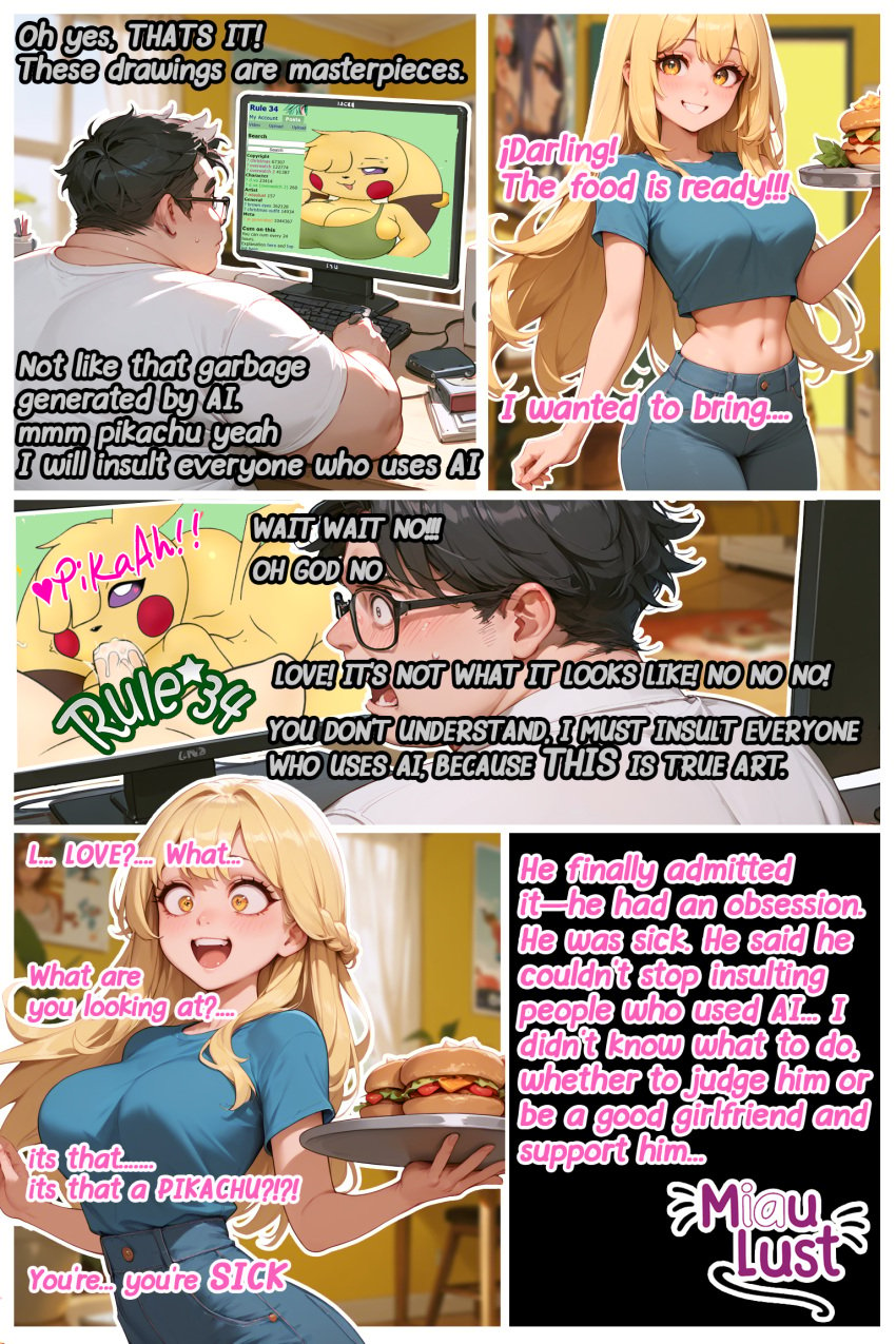 ai_generated blonde_hair comic comic_page cosplay cosplay_pikachu cosplay_pikachu_(costume) miaulust pikachu pikachu_(cosplay) pikachu_ears pokeball pokegirl pokegirl_as_pokemon pokemon pokemon_(species) rule34 yellow_hair